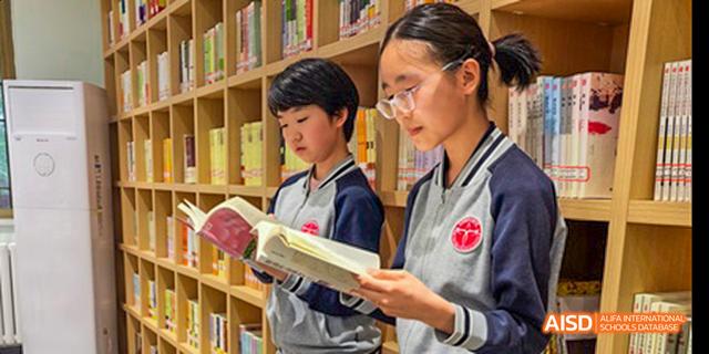 Beijing Bacui Bilingual School Two students stand in a library and look at a book together.