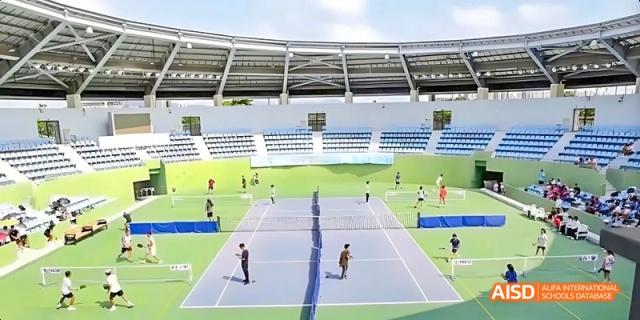 A photo showing students playing volleyball, at Beijing Enlighten School.