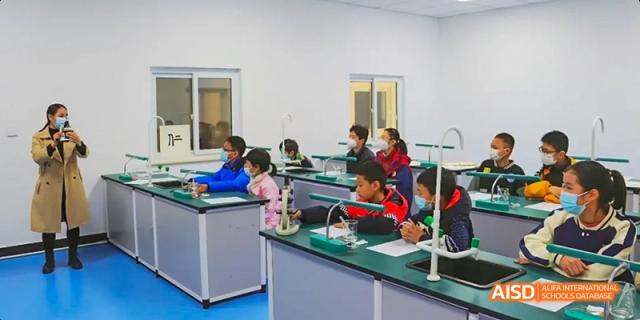Students working at computer stations in a classroom at Beijing Hui Xian School.