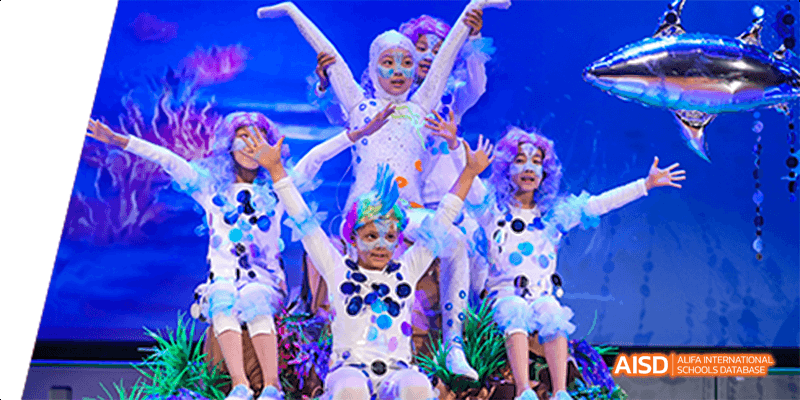 A group of young students in colorful costumes performing a dance on a stage at Beijing Hui Xian School.