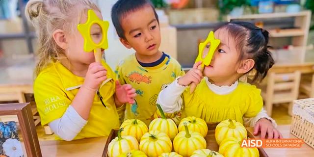 Young students in yellow shirts looking at yellow gourds during an activity at Beijing International Bilingual Academy.