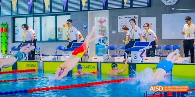 A student diving into the swimming pool during a race at Beijing International Bilingual Academy.