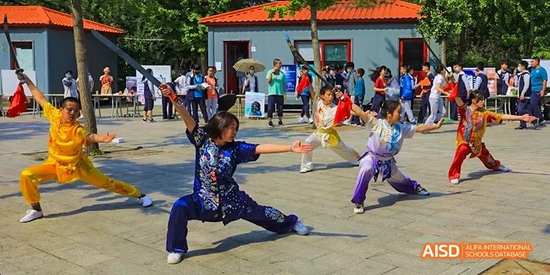 A student from Beijing National Day School International Department practicing martial arts outdoors.
