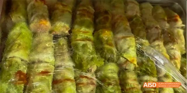 Spring rolls or other wrapped food items made at Beijing National Day School International Department.