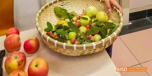 A basket of fresh fruit, including apples and pears, at Beijing National Day School International Department.