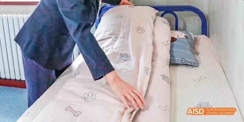 A photo showing a person in a hospital bed with a person's hand on the patient, at Beijing Royal School.