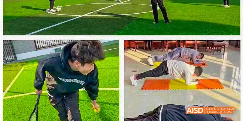 Two students from Beilu Academy, performing stretching exercises on the grass and a mat.