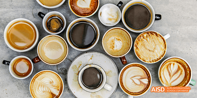 An overhead shot of multiple coffee cups and mugs with different types of coffee, representing a cafe at Beilu Academy.