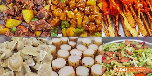 A collage of different foods, including meat skewers, steamed buns, and salad, representing meals served at Beilu Academy.