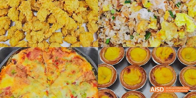A collage of different foods, including fried rice, egg tarts, and pizza, representing the variety of food available at Beilu Academy.
