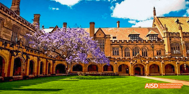 A wide view of a brick university building with a tree in bloom in front of it at Beilu Academy.