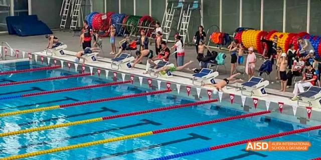 Swimmers in starting blocks at the edge of a swimming pool, ready for a race at Dalian American International School.
