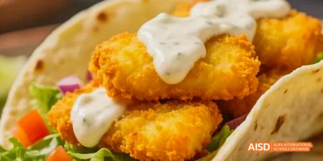 A close-up of two pieces of fried fish with tartar sauce on top at Dalian American International School.