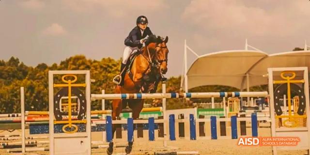 A Dipont KCS Chengdu student on horseback jumps over a hurdle during an equestrian event.