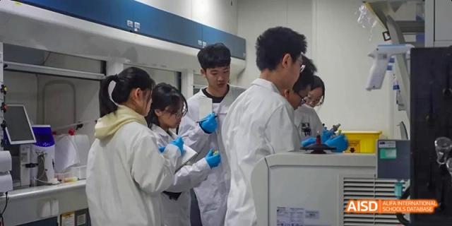 A group of Ealing International School students in lab coats are looking at an experiment.