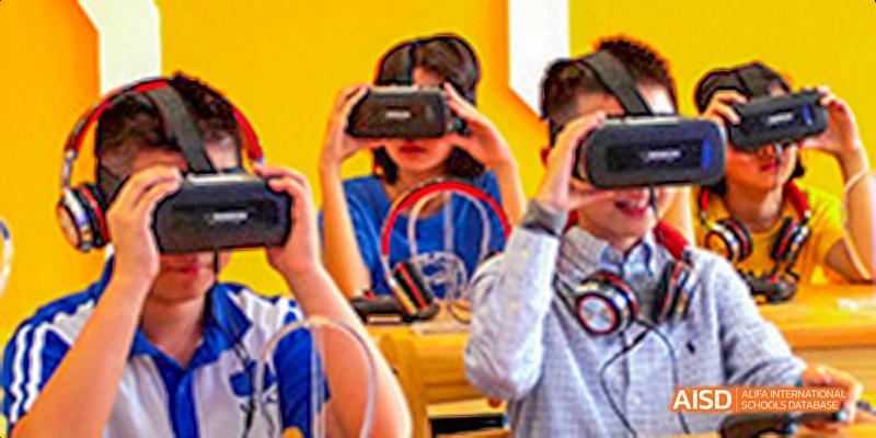 Students wearing virtual reality (VR) headsets during a class or activity at Fuzhou Concord College of Sino-Canada.