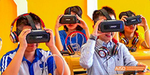 Students wearing virtual reality (VR) headsets during a class or activity at Fuzhou Concord College of Sino-Canada.