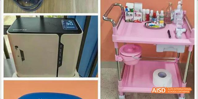 Fuzhou Concord College of Sino-Canada - A collage of four smaller photos showing a person's legs, a digital display, a pink water dispenser and sink, and a person holding a tray of food.
