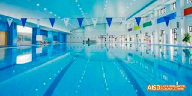 A view of an indoor swimming pool at Harrow LiDe School Haikou with lanes and flags.