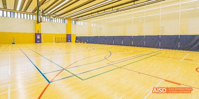 An empty gymnasium floor at Harrow LiDe School Haikou with markings for various sports.
