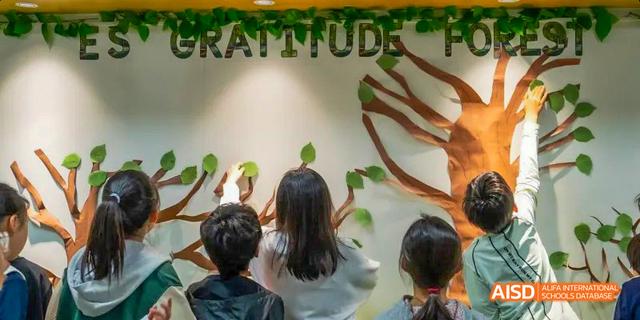 Students from the International School of Beijing post messages on a "Gratitude" board in the school.
