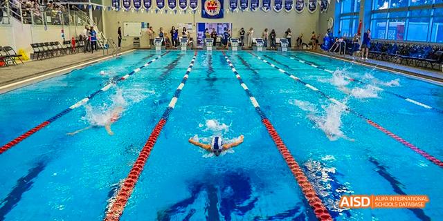 Students from the International School of Beijing compete in a swimming race.