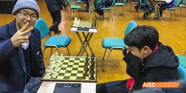 A chess board set up on a table for a game or tournament, Léman International School Chengdu