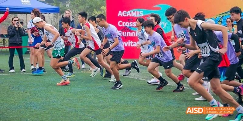 Students running in a race on a track, Léman International School Chengdu