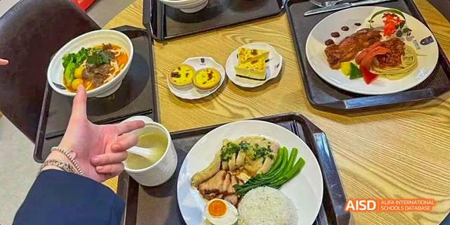 A meal with chicken, rice, an egg, and a side of vegetables, along with two egg tarts and a bowl of soup, at Majestic International College.