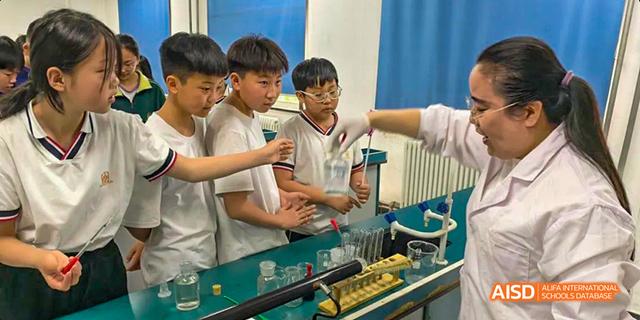 Two male students performing a science experiment at Maple Leaf International School - Luoyang.