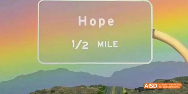 A sign reading "Hope 1/2 Mile" with a background of mountains and a rainbow-colored sky, related to Maple Leaf International High School - Dalian.