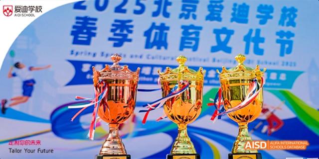 A collection of gold trophies displayed at a sporting event at Beijing Aidi School.