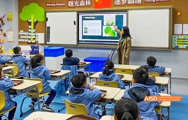 A teacher instructing a class with a presentation on a screen at Chongqing Depu Foreign Language School