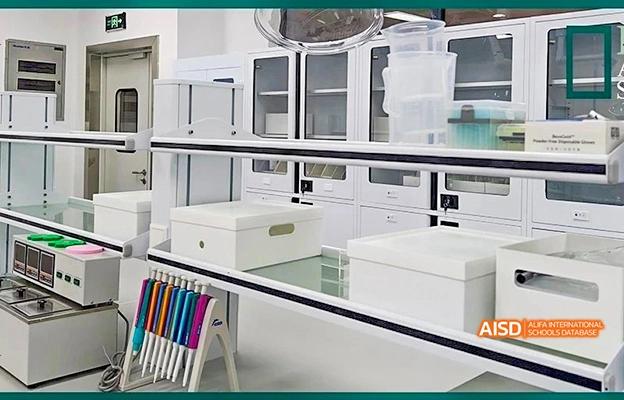A clean and organized science lab with storage containers and equipment at Chongqing Depu Foreign Language School