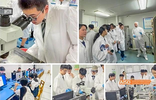 Students in lab coats during a science class at Chongqing Depu Foreign Language School