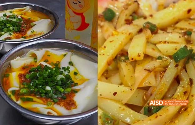 A vertical photo collage of various food items, including noodles, potatoes, and other dishes at Chongqing Depu Foreign Language School