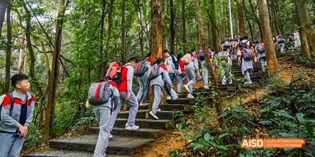 A group of students in red and gray uniforms hiking up a set of stairs on a natural, wooded trail, possibly during a school outdoor trip from DongGuan Laguna Verona Foreign Language School.