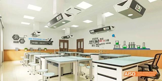 An interior shot of a well-equipped, modern science laboratory with white tables and advanced equipment at GDUFS International School Guangzhou.