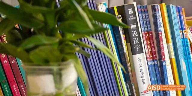 A close-up, abstract shot of books on a shelf, many with Chinese characters on the spines, in the library at GDUFS International School Guangzhou.