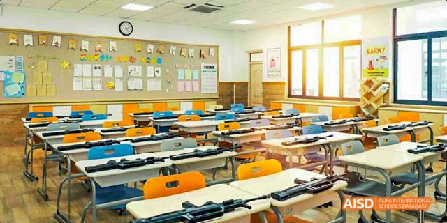 A decorated classroom with desks and chairs at Hangzhou World Foreign Language School.