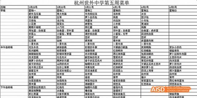 A menu from Hangzhou World Foreign Language School is displayed, listing food options for the week.