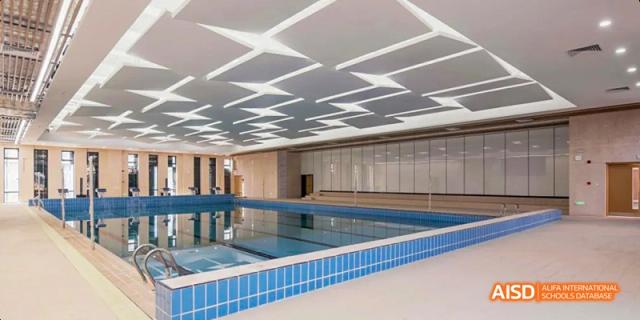 An indoor swimming pool at Lady Eleanor Holles International School Foshan (LEH Foshan), with a checkered ceiling and blue tiled walls.