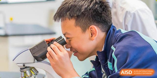 A student from Nord Anglia School Guangzhou Panyu looking through a microscope in a science class.