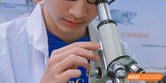 A male student looking intently through a microscope during a biology or science class at Orange County American High School Beijing Campus.