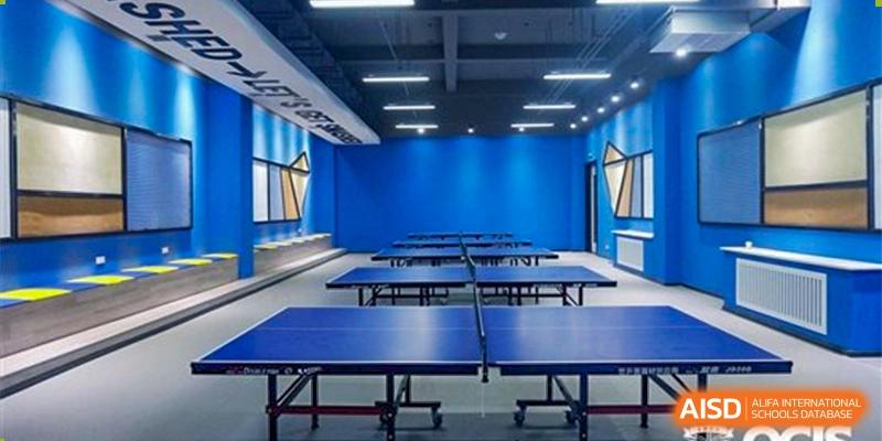 The indoor table tennis facility at Oriental Cambridge International School, showing multiple blue tables set up against bright blue walls.