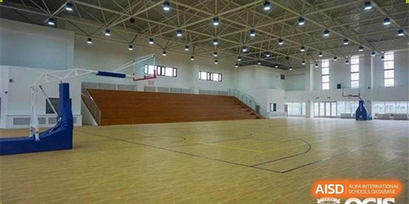 The spacious, multi-purpose indoor gymnasium at Oriental Cambridge International School, featuring wooden flooring, seating risers, and a basketball hoop.