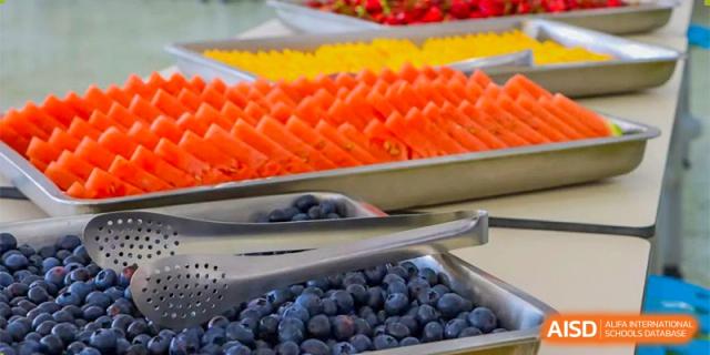 A close-up of a fresh fruit station in the cafeteria at Oriental Cambridge International School, showing trays of blueberries and sliced orange fruits.