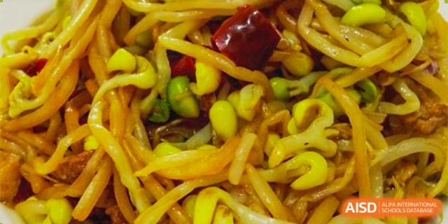 A plate of stir-fried noodles or vegetables served at RCF Experimental School.