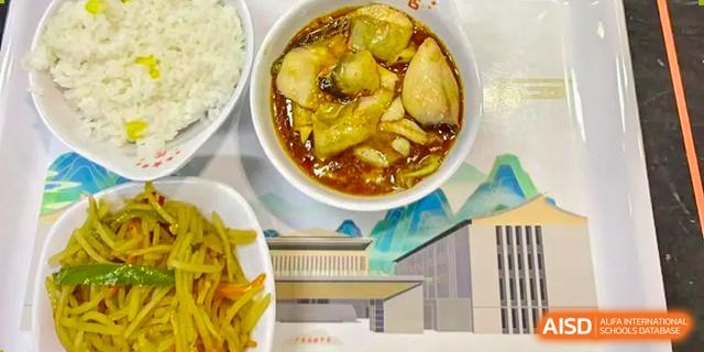 A bowl of rich stew or soup containing vegetables and possibly meat, served to students at Guangdong Experimental High School IFPAD & A-Level.