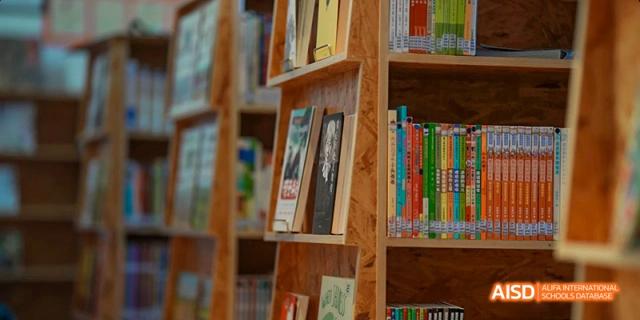 A blurred close-up shot of a wooden bookshelf with various books and decorative items, highlighting the library environment, at Beanstalk International Bilingual School.
